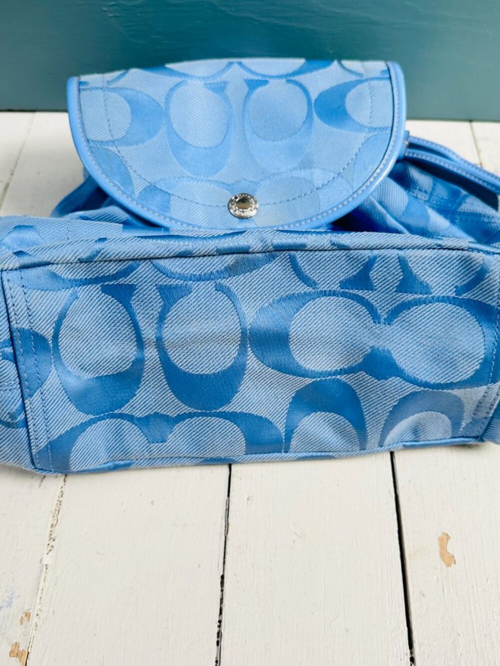 Coach Kyra Daisy Signature Backpack Blue Jacquard Flower Charm F16556 Rare Y2K - Picture 9 of 16